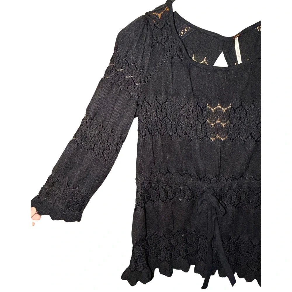 Free‎ People Black Pointelle Knit Peplum Top XS Tie Waist Boho Cottagcore Fairy
